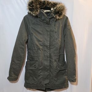 Roots Canada Green Faux Fur Trim Hooded Zip Button Wintwe Coat, sz XS
